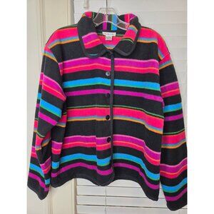 Talbots Womens Fleece Jacket Striped Button-Front Multicolor Classic Cozy